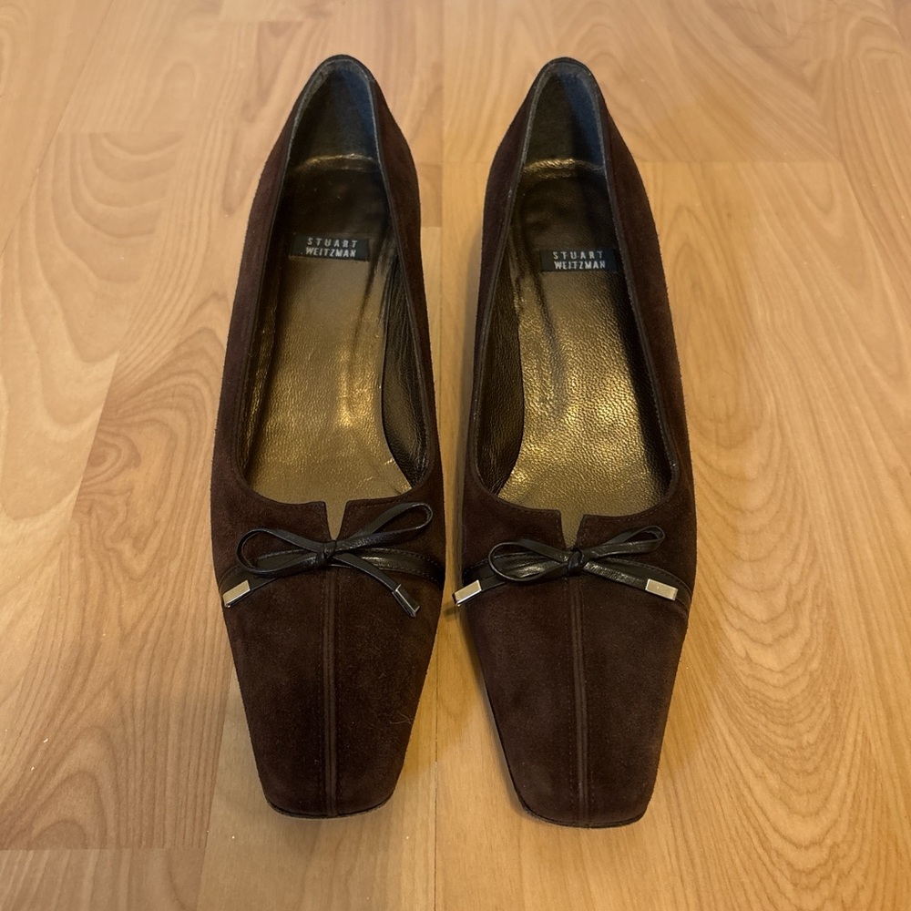 Stuart Weitzman Dark Brown Suede Heels with Bow
